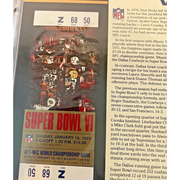 SUPER BOWL VI Cowboys v Dolphins Willabee & Ward Super Bowl 6 TICKET STUB Gold - Picture 5 of 9
